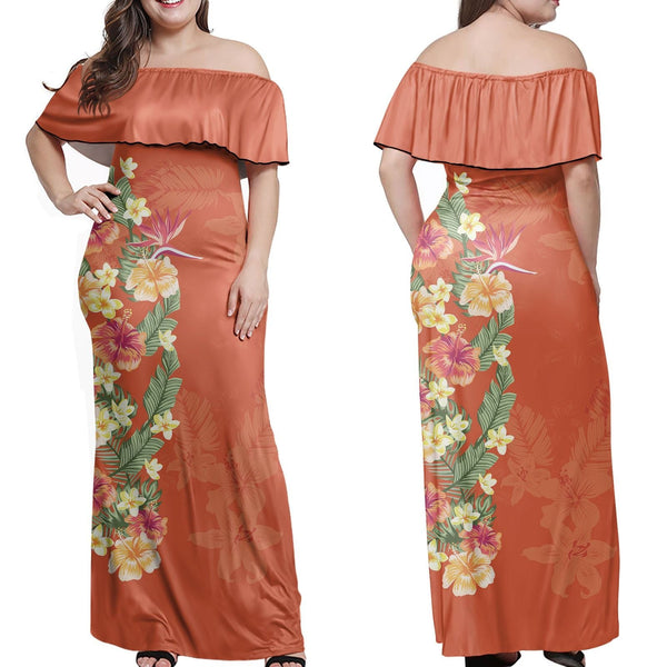 Polynesian Pride Dress - Plumeria Hibiscus Flowers Dark Orange Off Shoulder Long Dress