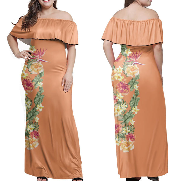 Polynesian Pride Dress - Plumeria Hibiscus Flowers Orange Off Shoulder Long Dress