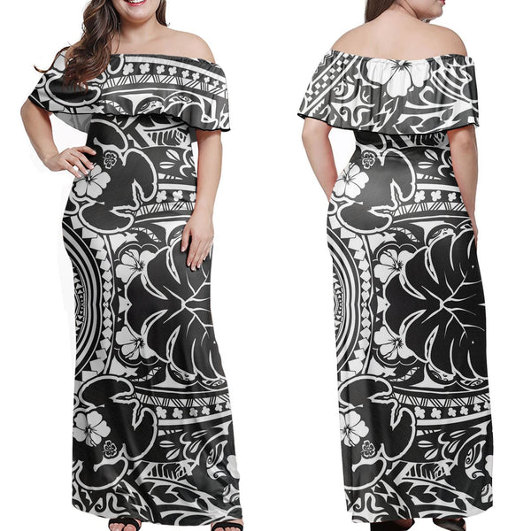 Polynesian Pride Dress - Hibiscus Turtle Pattern White Off Shoulder Long Dress