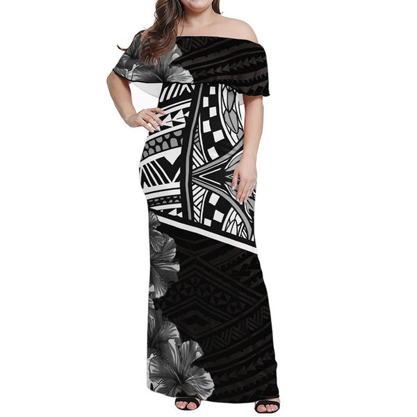 Polynesian Pride Dress - Quarter Hibiscus Polynesian Off Shoulder Long Dress