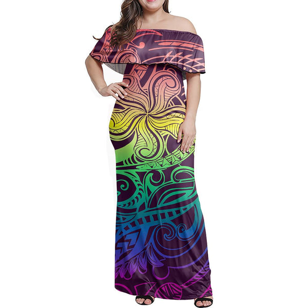 Polynesian Pride Dress - Rainbow Polynesian Special Symbol Off Shoulder Long Dress