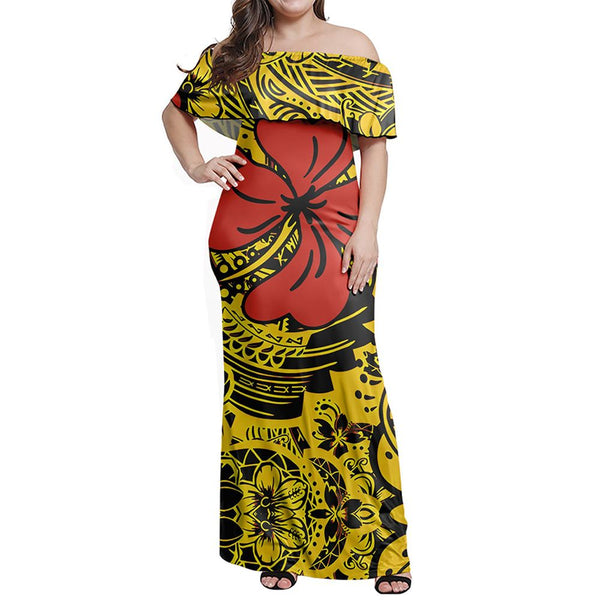 Polynesian Pride Dress - Red Hibiscus Yellow Polynesian Pattern Off Shoulder Long Dress