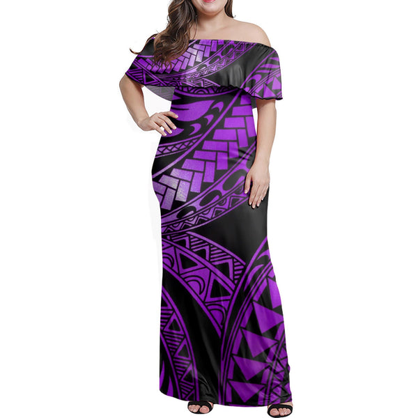 Polynesian Pride Dress - Tribal Polynesian Purple Ali Style Off Shoulder Long Dress