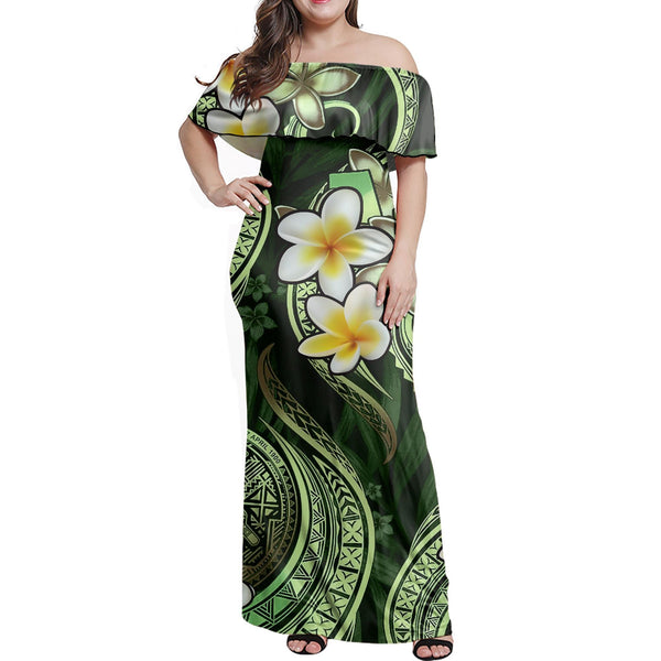 Polynesian Pride Dress - American Samoa 684 Siapo Coat Of Arms Green Off Shoulder Long Dress