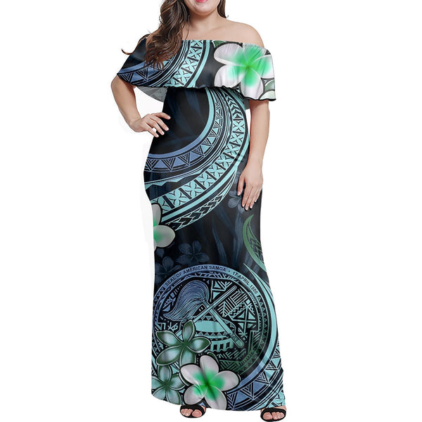 Polynesian Pride Dress - American Samoa Siapo Coat Of Arms Green Off Shoulder Long Dress