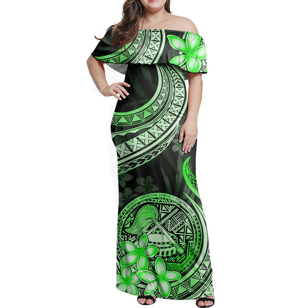 Polynesian Pride Dress - American Samoa Siapo Coat Of Arms Light Green Off Shoulder Long Dress