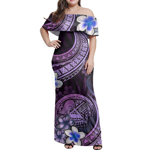 Polynesian Pride Dress - American Samoa Siapo Coat Of Arms Purple Off Shoulder Long Dress