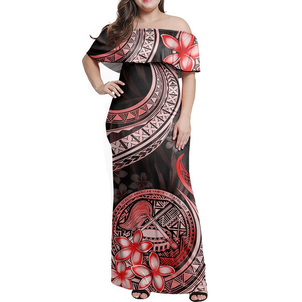 Polynesian Pride Dress - American Samoa Siapo Coat Of Arms Red Off Shoulder Long Dress