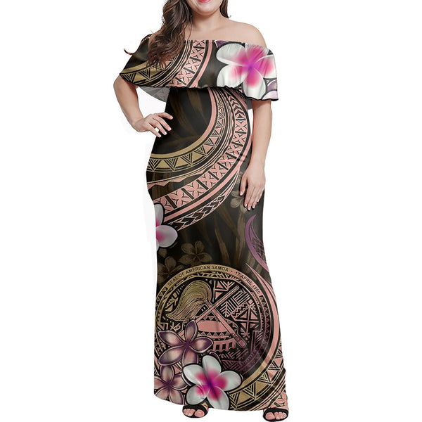 Polynesian Pride Dress - American Samoa Siapo Coat Of Arms Yellow Pink Off Shoulder Long Dress