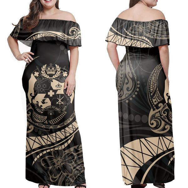 Polynesian Pride Dress - Tropical Leaf Tonga Coat Of Arms Polynesia Beige Off Shoulder Long Dress