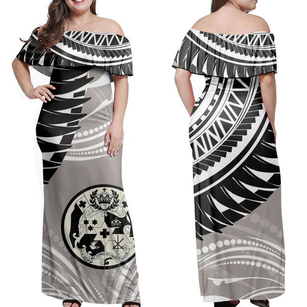 Polynesian Pride Dress - Sila Tonga Polynesian Wing Grey Off Shoulder Long Dress