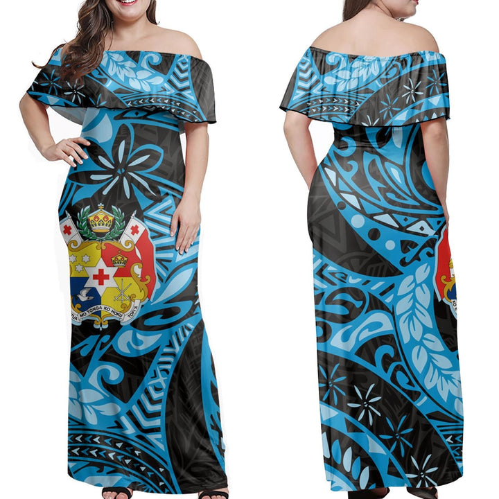 Polynesian Pride Dress - Tonga Coat Of Arms Polynesian Traditional Blue Off Shoulder Long Dress
