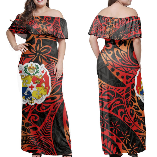 Polynesian Pride Dress - Tonga Coat Of Arms Polynesian Traditional Red Off Shoulder Long Dress