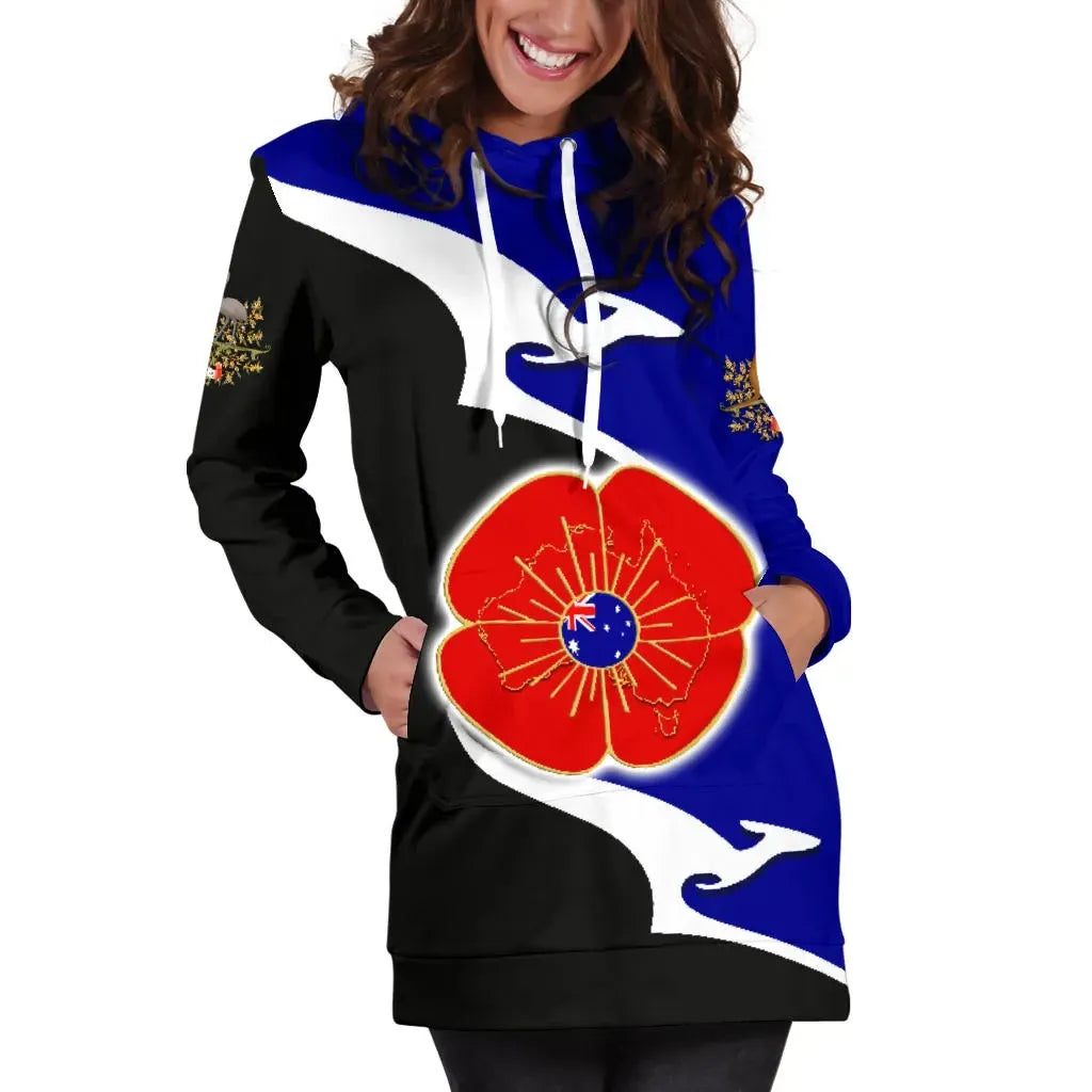 Australia Anzac Hoodie Dress - Lest We Forget Poppy Map Kangaroo Blue Hoodie Dress