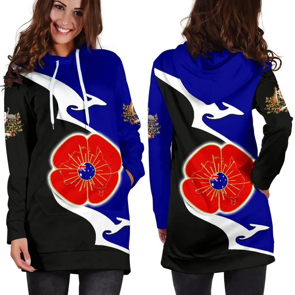 Australia Anzac Hoodie Dress - Lest We Forget Poppy Map Kangaroo Blue Hoodie Dress