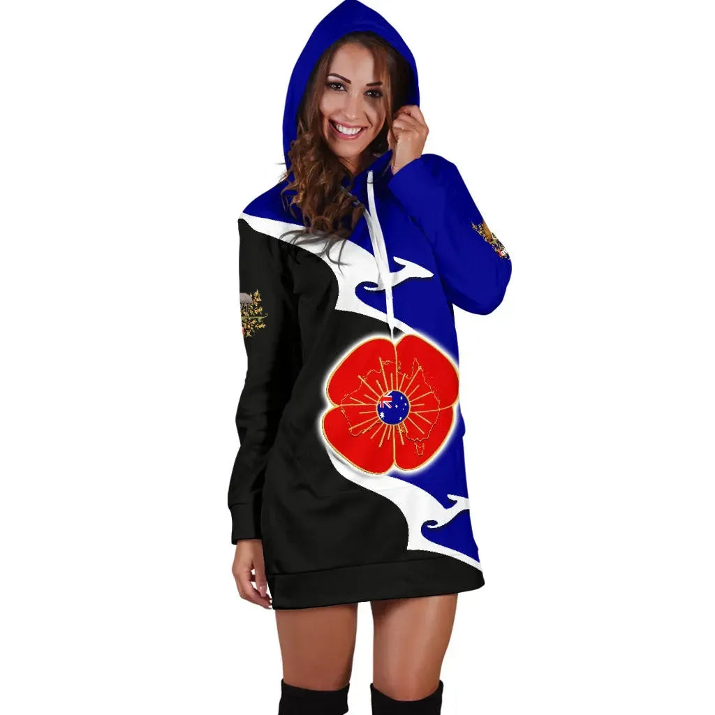 Australia Anzac Hoodie Dress - Lest We Forget Poppy Map Kangaroo Blue Hoodie Dress