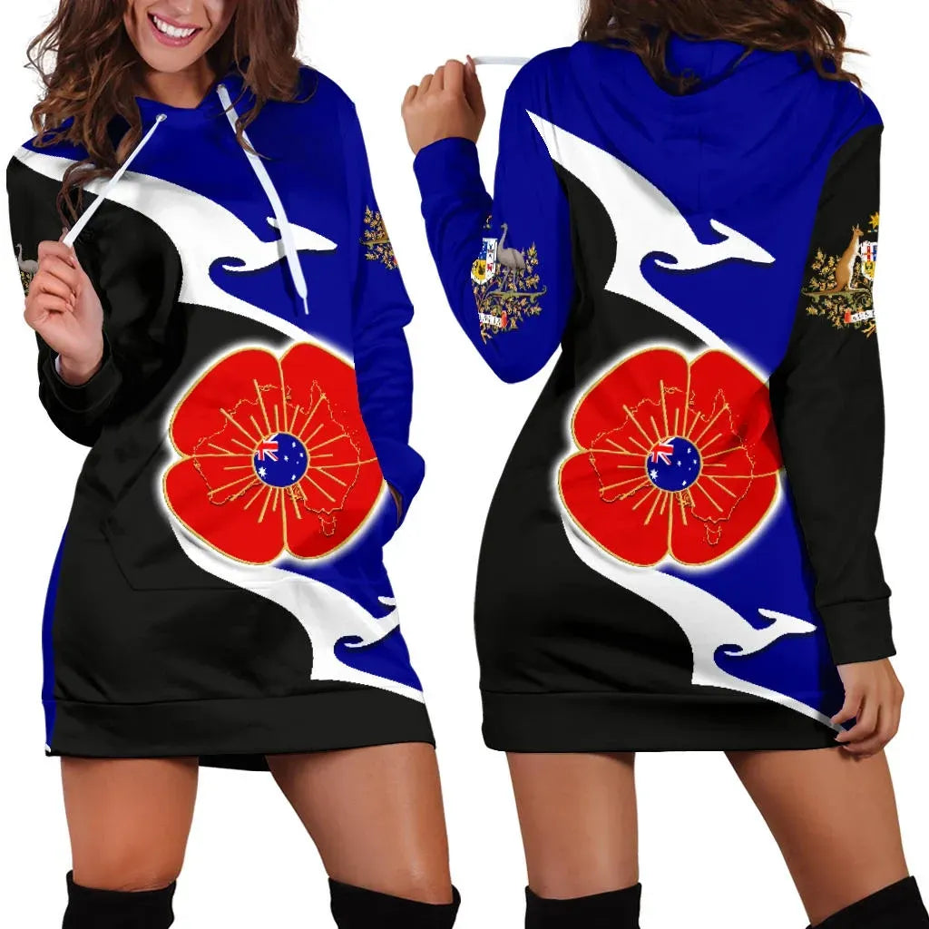 Australia Anzac Hoodie Dress - Lest We Forget Poppy Map Kangaroo Blue Hoodie Dress