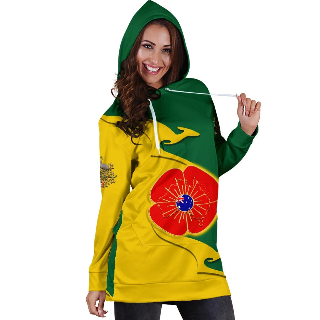 Australia Anzac Hoodie Dress - Lest We Forget Poppy Map Kangaroo Hoodie Dress