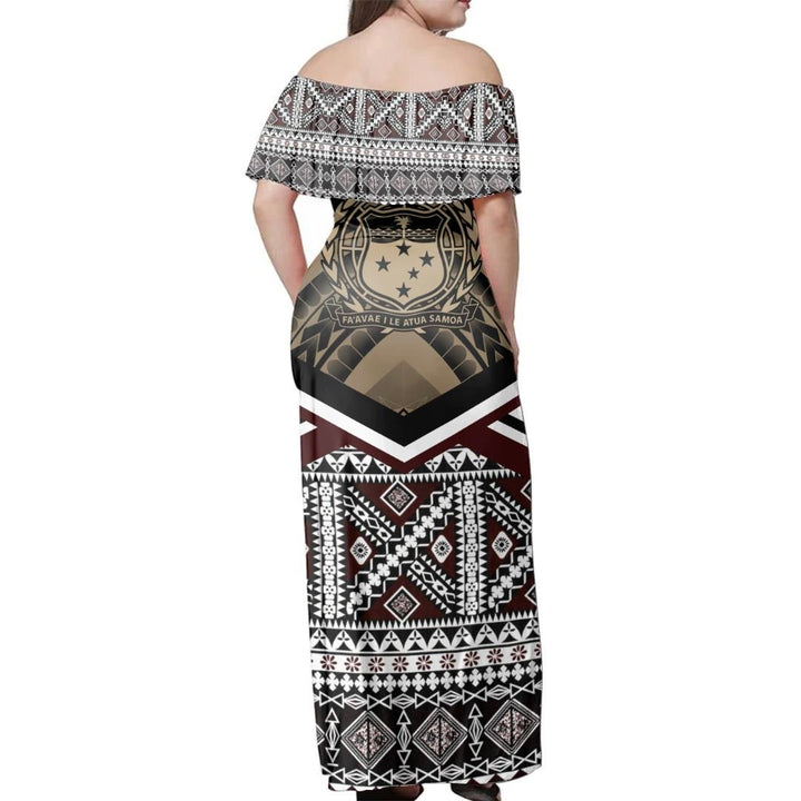 Polynesian Pride Dress - Samoa Masi Dobby Coat Of Arms Off Shoulder Long Dress