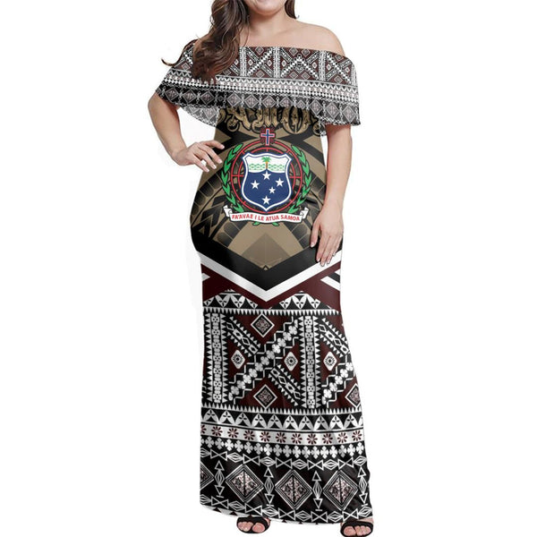 Polynesian Pride Dress - Samoa Masi Dobby Coat Of Arms Off Shoulder Long Dress