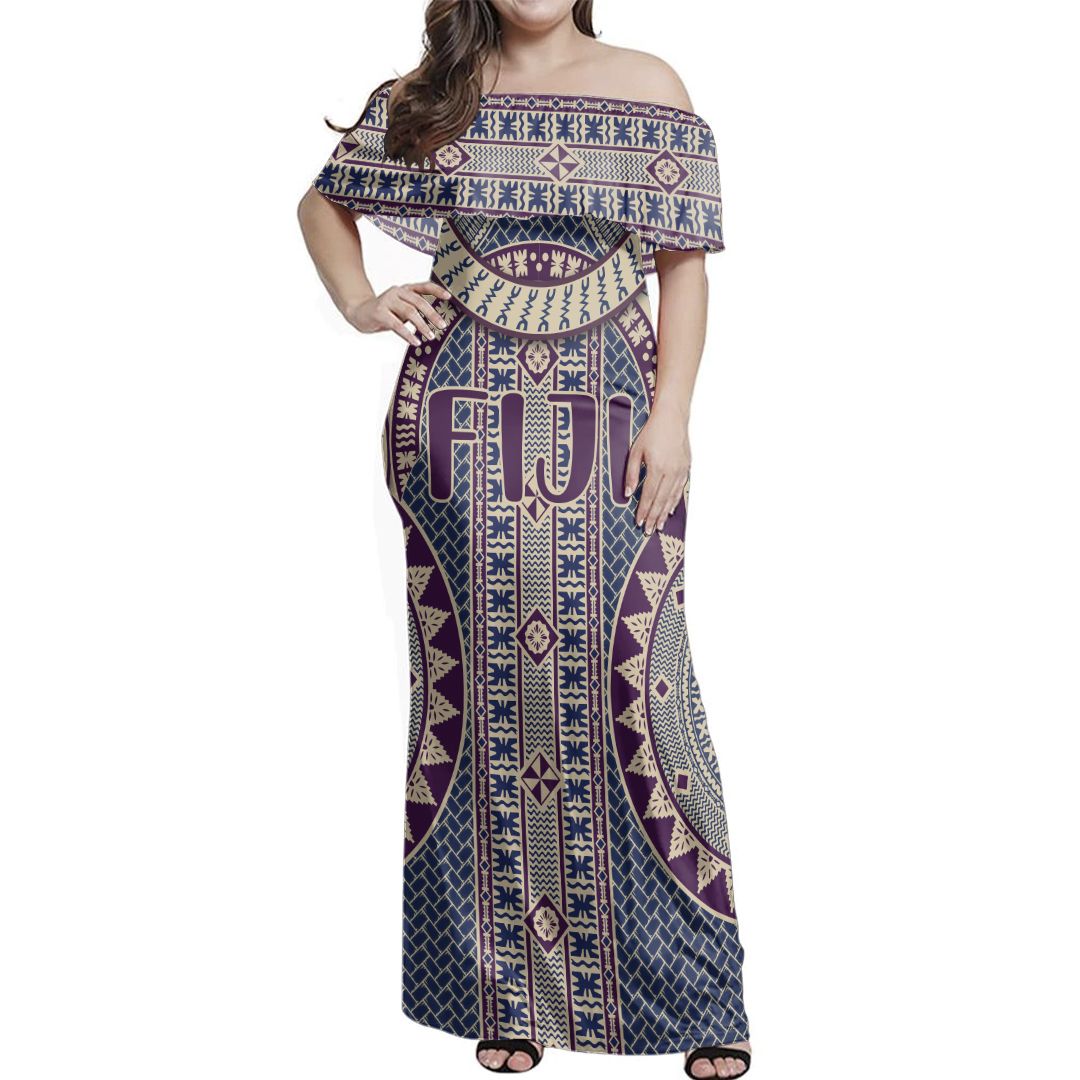 NE Fiji Bula Dress - Fiji Circle Tapa Fala Masi Off Shoulder Long Dress