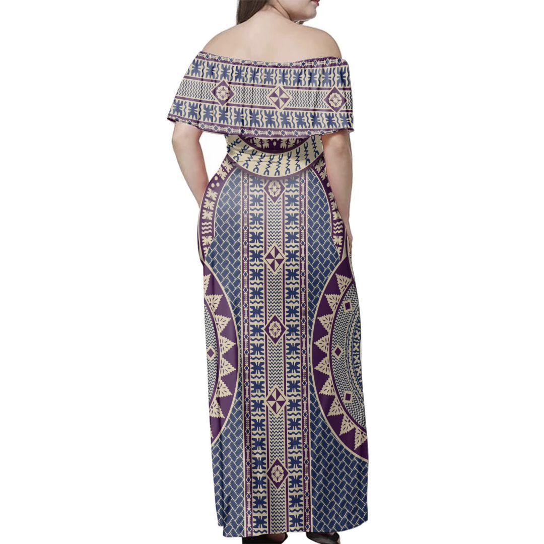 NE Fiji Bula Dress - Fiji Circle Tapa Fala Masi Off Shoulder Long Dress