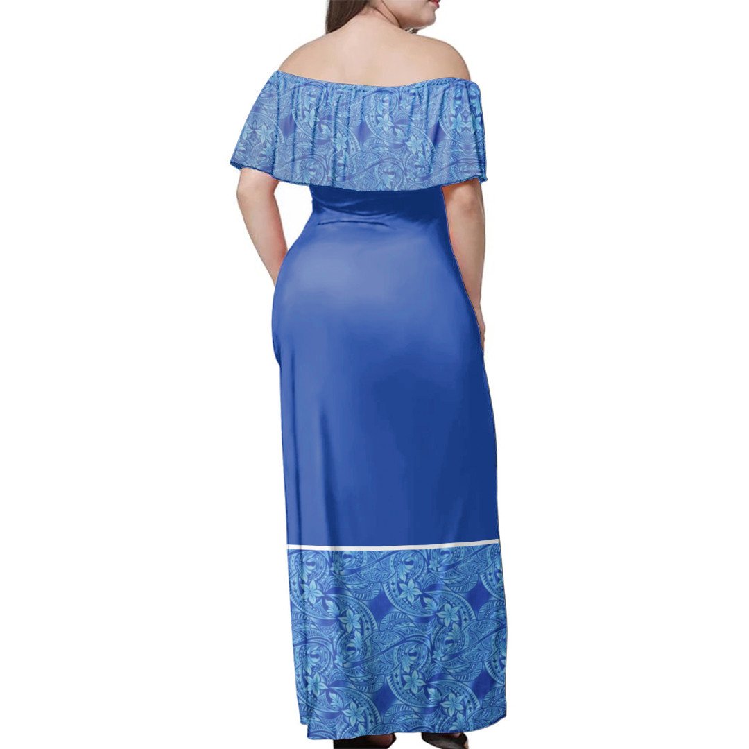 Polynesian Pride Dress - Blue Samoan Elei Pattern Off Shoulder Long Dress