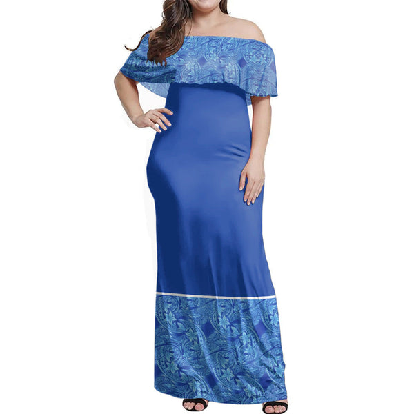 Polynesian Pride Dress - Blue Samoan Elei Pattern Off Shoulder Long Dress