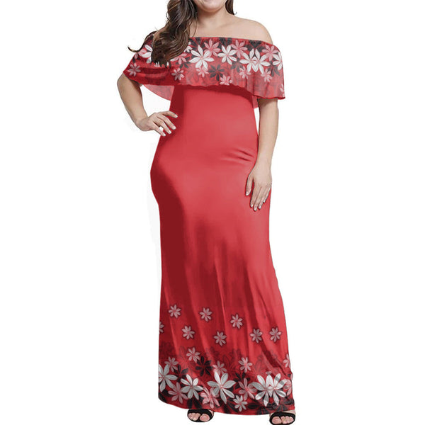 Polynesian Pride Dress - Samoan Red Tropical Flowers Off Shoulder Long Dress