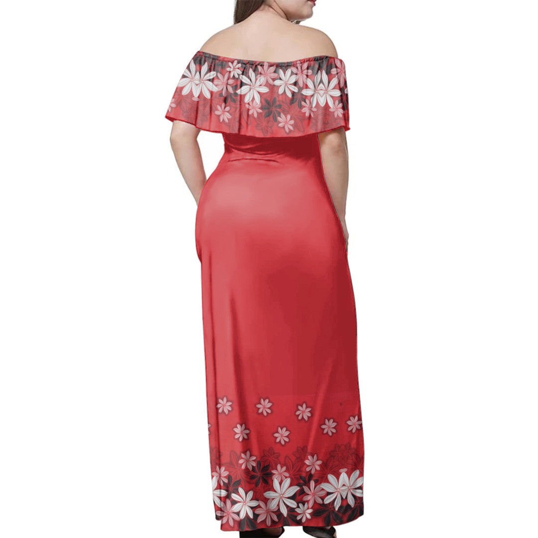 Polynesian Pride Dress - Samoan Red Tropical Flowers Off Shoulder Long Dress