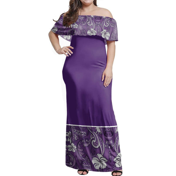 Polynesian Pride Dress - Samoa Hibiscus Purple Elei Design Off Shoulder Long Dress