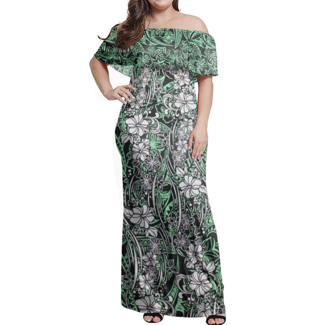 Polynesian Pride Dress - Samoan Siapo Elei Green Off Shoulder Long Dress