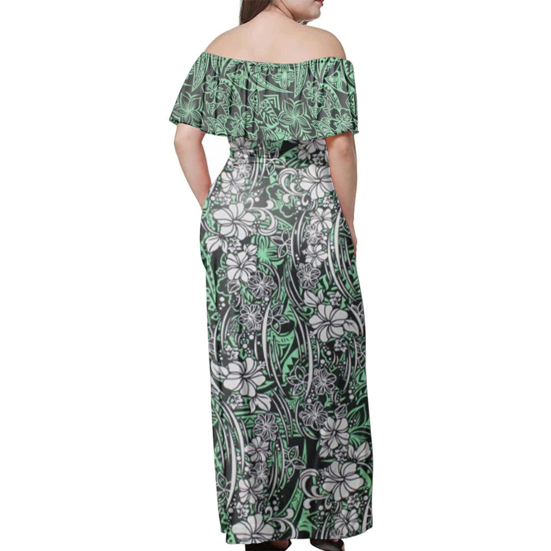 Polynesian Pride Dress - Samoan Siapo Elei Green Off Shoulder Long Dress