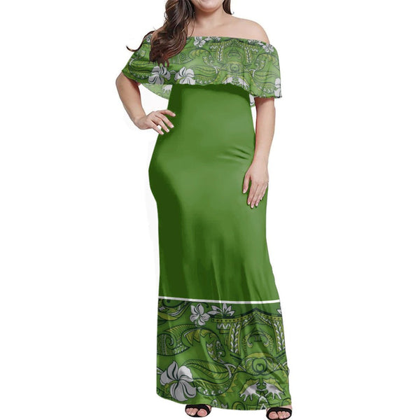 Polynesian Pride Dress - Samoa Hibiscus Green Elei Design Off Shoulder Long Dress