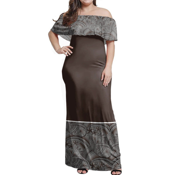 Polynesian Pride Dress - Samoan Brown Siapo Elei Off Shoulder Long Dress