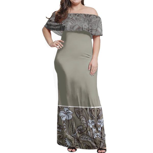 Polynesian Pride Dress - Samoan Hibiscus Brown Elei Off Shoulder Long Dress