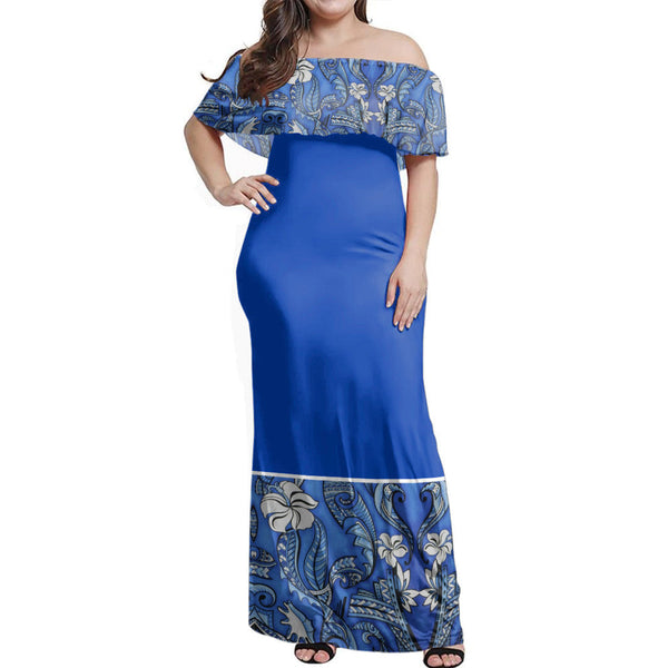 Polynesian Pride Dress - Samoa Hibiscus Blue Elei Design Off Shoulder Long Dress