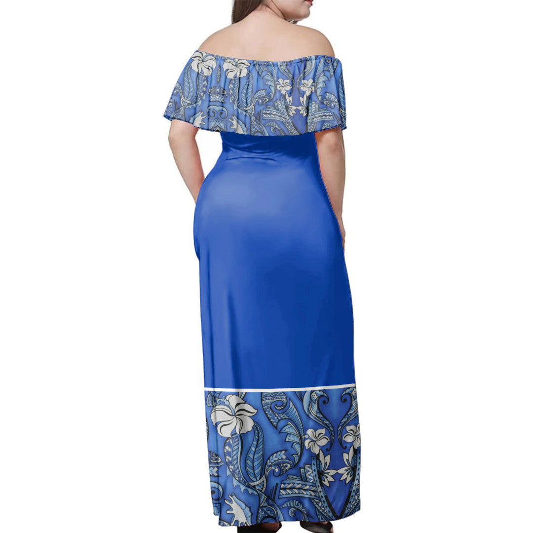 Polynesian Pride Dress - Samoa Hibiscus Blue Elei Design Off Shoulder Long Dress