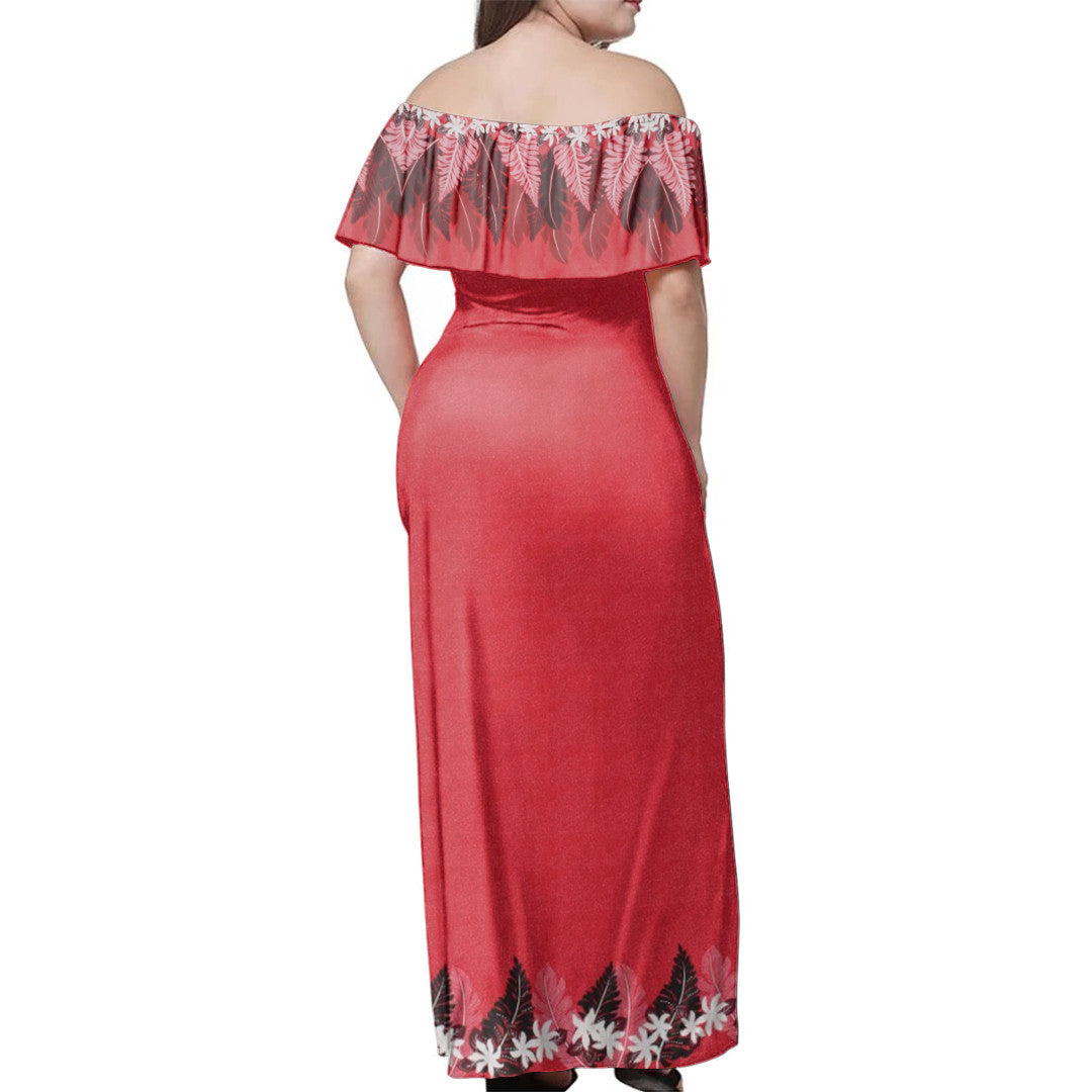 Polynesian Pride Dress - Samoan Red Leaves Off Shoulder Long Dress