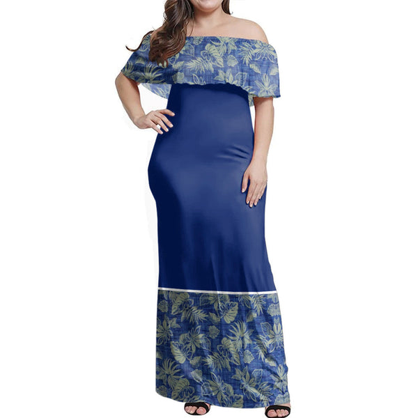 Polynesian Pride Dress - Samoan Tropical Blue Leaves Off Shoulder Long Dress