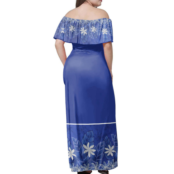 Polynesian Pride Dress - Samoan Periwinkle Leaves Off Shoulder Long Dress