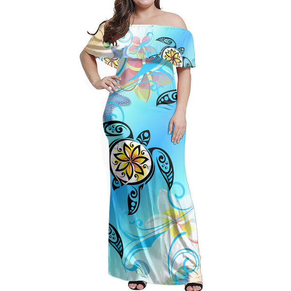 Polynesian Pride Dress - Hawaii Fresh Beach Turtle Plumeria Brian Style Off Shoulder Long Dress