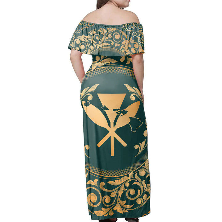 Polynesian Pride Dress - Hawaii Map Classic Floral Green Off Shoulder Long Dress