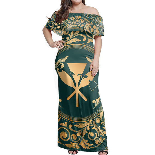 Polynesian Pride Dress - Hawaii Map Classic Floral Green Off Shoulder Long Dress