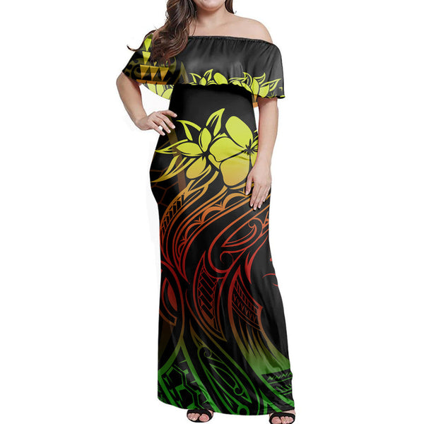 Polynesian Pride Dress - Hawaii Map Kanaka Polynesian Hula Girl Reggae Off Shoulder Long Dress