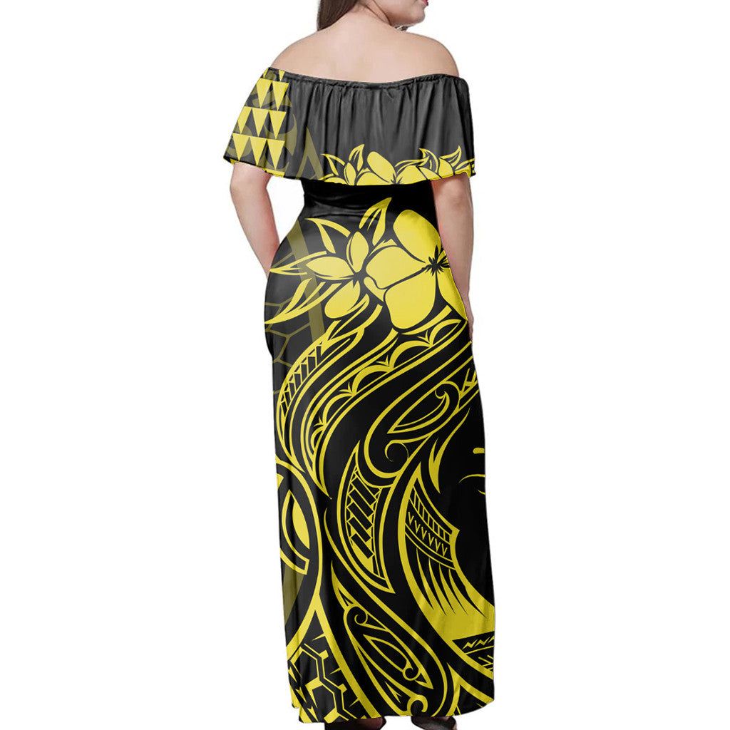 Polynesian Pride Dress - Hawaii Map Kanaka Polynesian Hula Girl Yellow Off Shoulder Long Dress