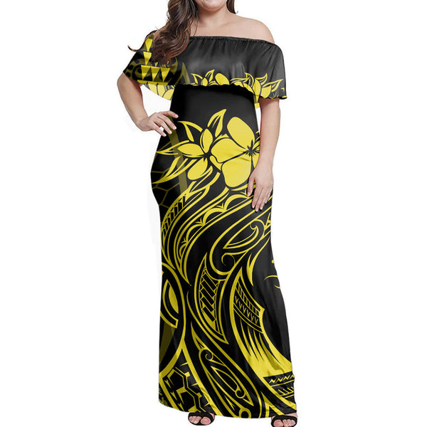 Polynesian Pride Dress - Hawaii Map Kanaka Polynesian Hula Girl Yellow Off Shoulder Long Dress