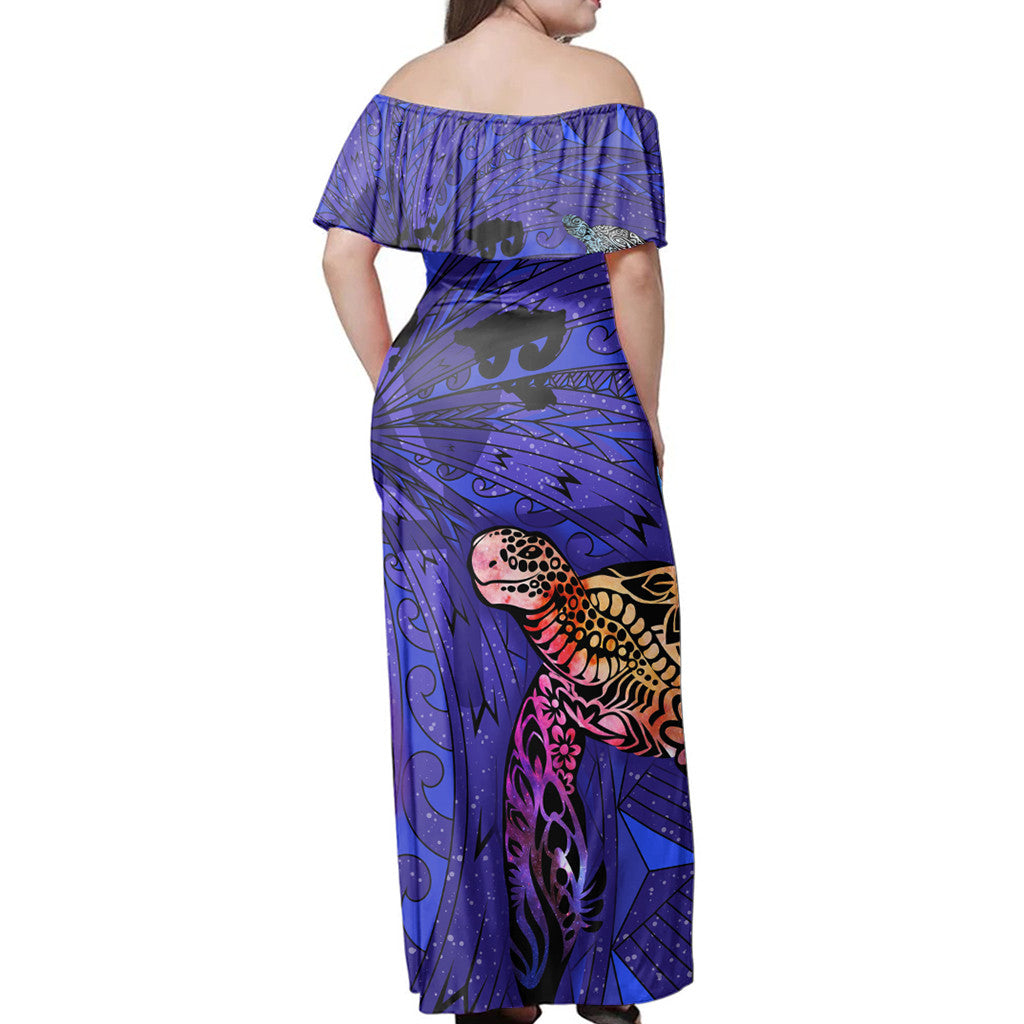 Polynesian Pride Dress - Hawaii Map Kanaka Turtle Volcano Style Galaxy Off Shoulder Long Dress