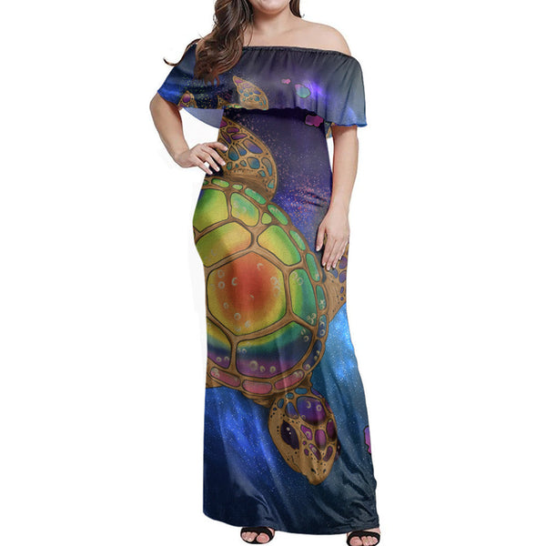 Polynesian Pride Dress - Hawaii Map Turtle Galaxy Blue Off Shoulder Long Dress