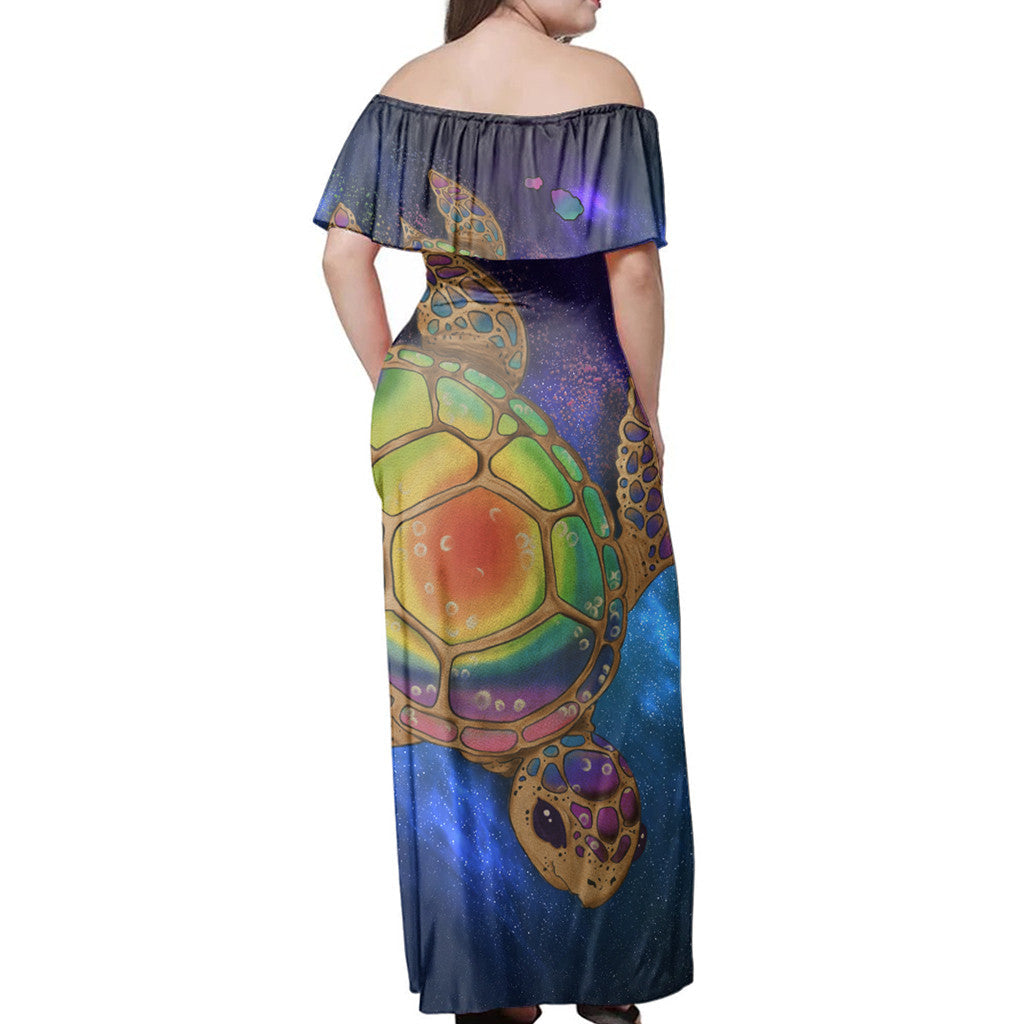 Polynesian Pride Dress - Hawaii Map Turtle Galaxy Blue Off Shoulder Long Dress